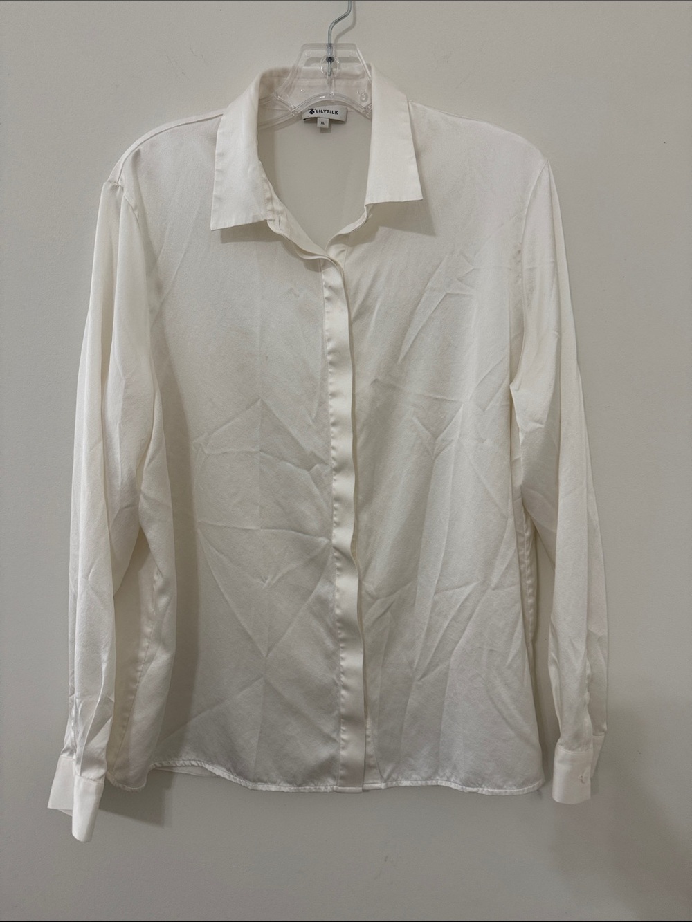 Lily Silk Off White Satin-Trim Button-Down Blouse Hand Wash Only